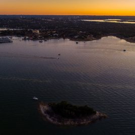 The Hudson on Lake Travis aerial view from Starnes Island at sunset.